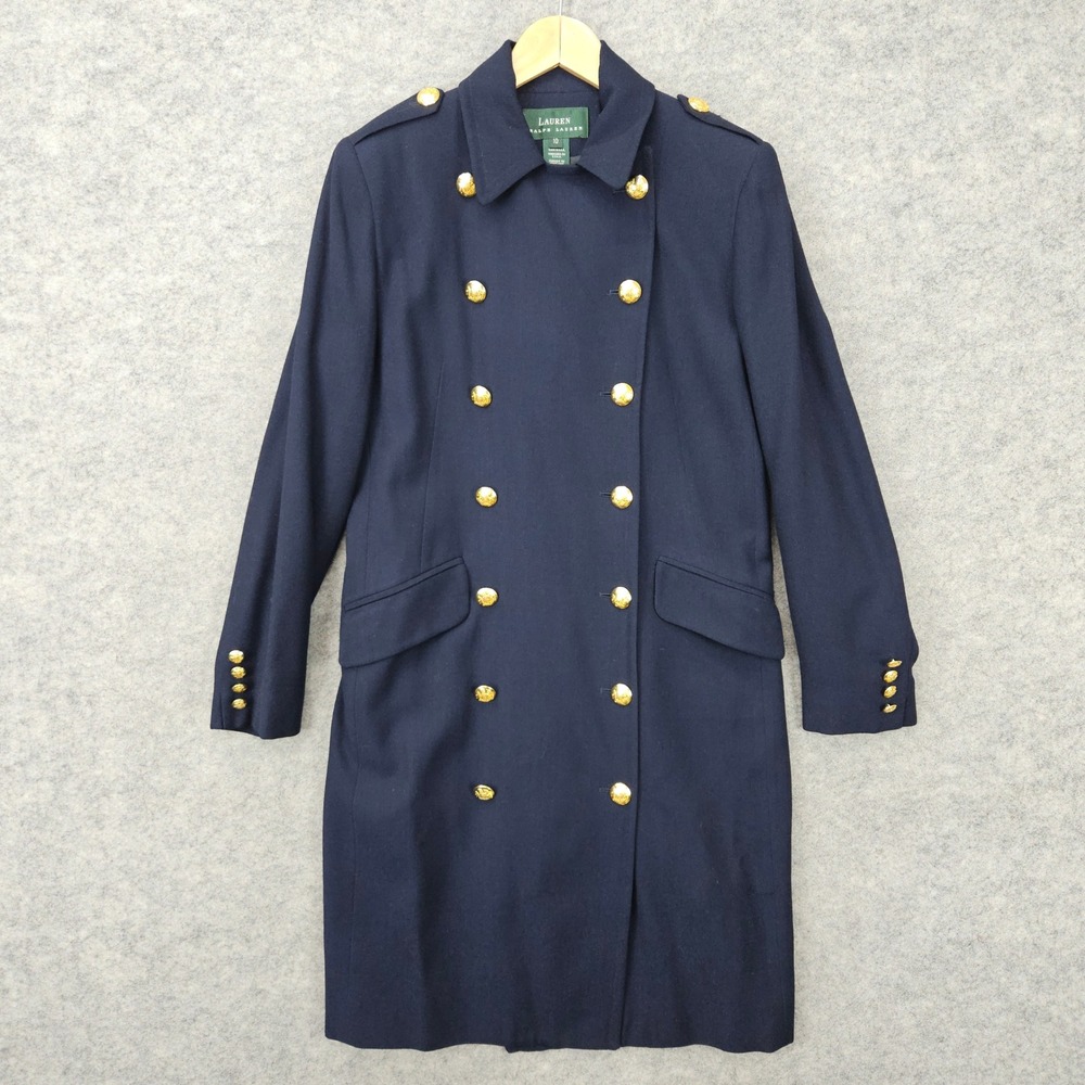 Ralph Lauren Women's Navy Blue Trench Coat Size 10 Wool Military Crest Buttons
